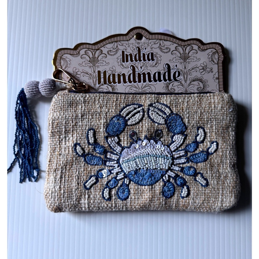India Handmade Beaded Crab Pouch Blue Sequin Woven Cotton coin Purse New W/tag